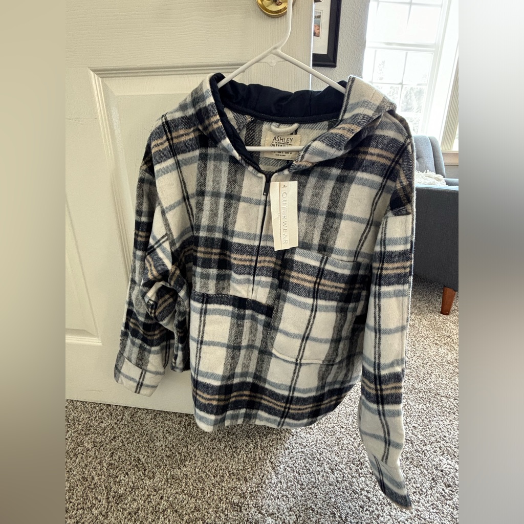 Ashley Stewart Black & White Plaid Hooded Zip Jacket